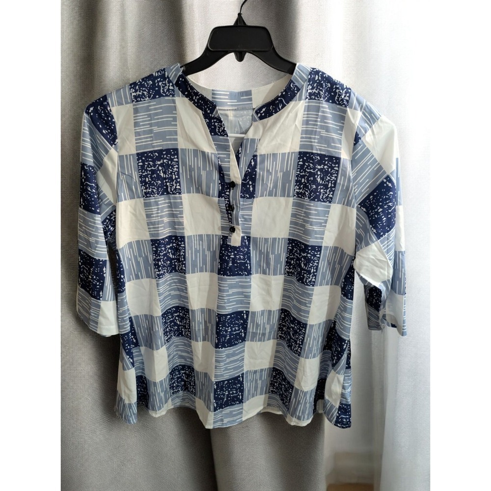 Blue White Top Plus Size 3XL XXX Checkered Plaid Blouse Shirt Button Neck 3/4SLV